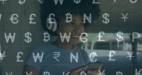 Smiling Woman Listening to Music with Mixed Currency Overlay