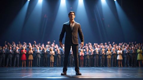 Dynamic speaker engages large business audience under spotlights, standing ovation