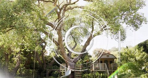 Wooden treehouse with slide and ladder beneath mature oak, futuristic hud overlay