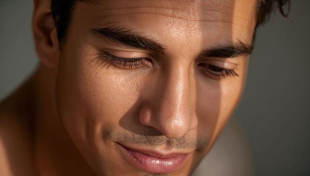 Smiling young man lowering eyes in warm studio light close-up portrait bare shoulders