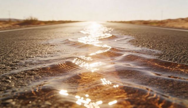 Rippling puddle reflecting golden sunrise on long desert highway