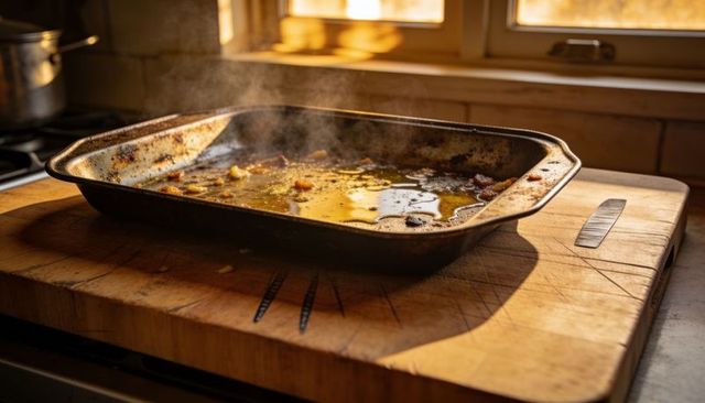 Sunlit roasting pan releasing steam and caramelized juices on wooden cutting board