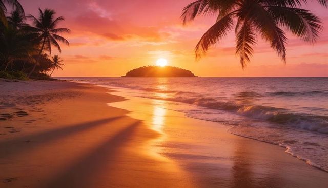 Sun sinking over tropical beach reflecting golden sunset on wet sand and palms