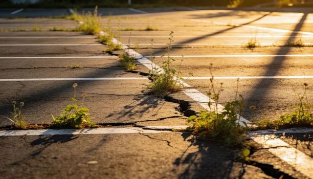 Overgrown cracked parking lot with weeds sprouting through fissures at golden hour