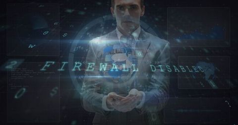 Businessman Surrounded by Cybersecurity Alerts and Data Holograms