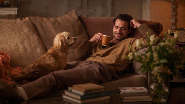Man reclining on sofa holding mug while golden dog gazes in cozy living room