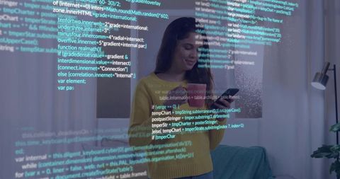 Woman Standing Holding Tablet in Living Room with Holographic Code Projection