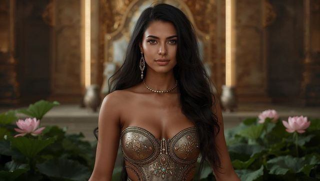 Elegantly Dressed Woman Posing in Ornate Palace Hall