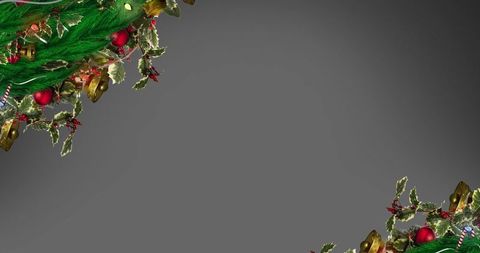 Festive Christmas Fir Branches with Ornaments on Gray Background