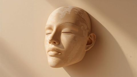 Serene plaster sculpture head with peeling paint, wall-mounted minimalist bust