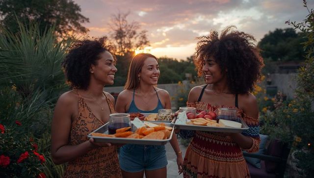 Smiling friends serving appetizers on sunset garden patio trays outdoor summer party