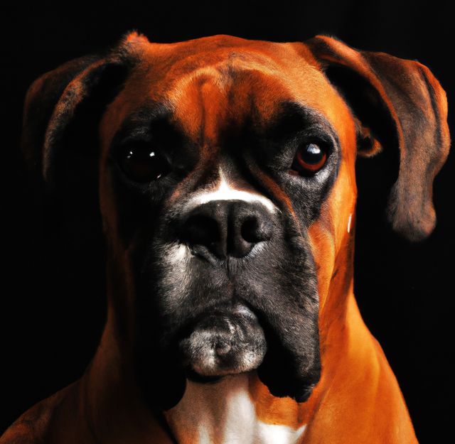 Close up of cute brown and black boxer dog over black background. Animals, nature, dog and harmony concept.