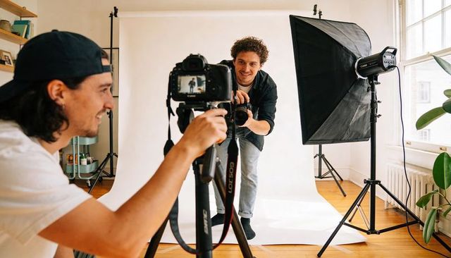 Two photographers collaborating in home studio shooting portrait with DSLR and softbox