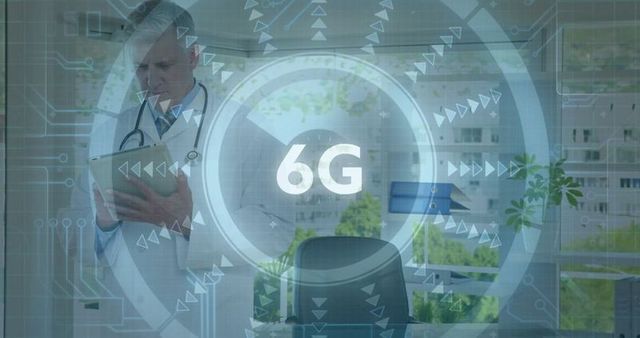 Senior Doctor Embracing 6G Technology in Modern Healthcare Office