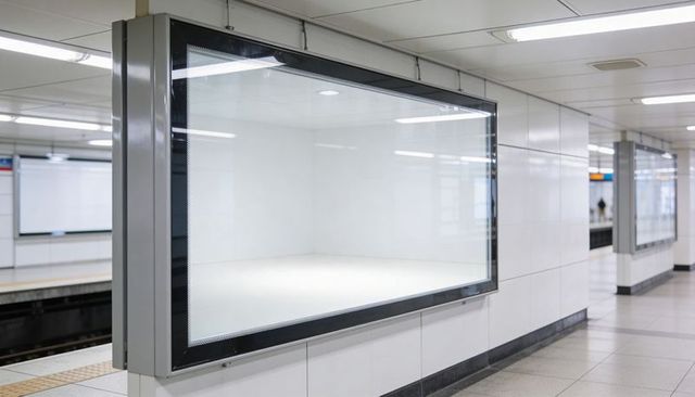 Empty backlit advertising lightbox on subway platform for advertising mockups and branding
