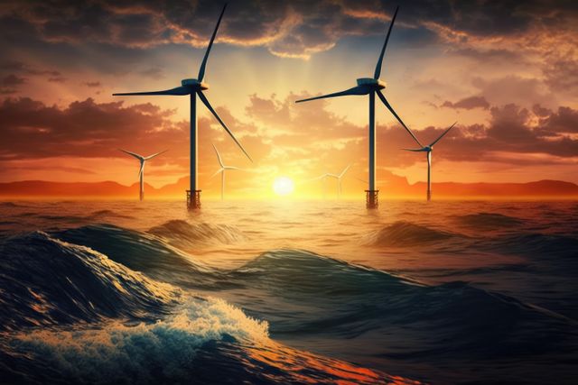 Wind turbines in ocean and sunset with clouds on sky, created using generative ai technology. Wind energy, sustainability, environment and climate change concept digitally generated image.