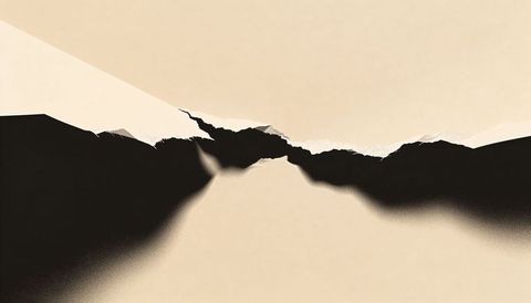 Minimalist torn-paper mountain silhouette with misty grain and abstract collage