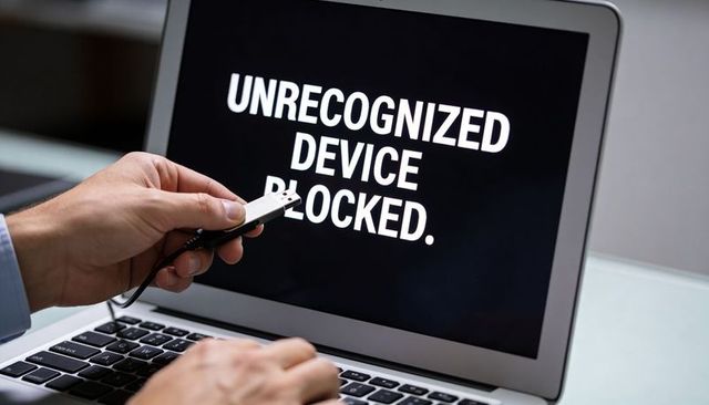 Plugging usb into laptop displaying unrecognized device blocked cybersecurity alert