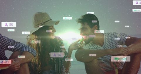 Young Friends Enjoying Sunset Beach with Social Media Overlay