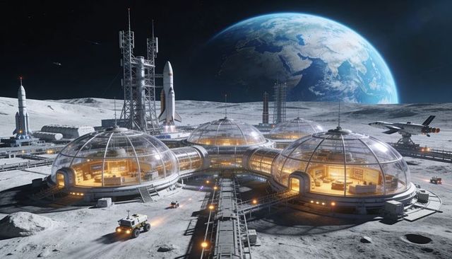 Lunar Dome Colony Under Earthrise Featuring Transparent Habitats, Rockets and Rovers