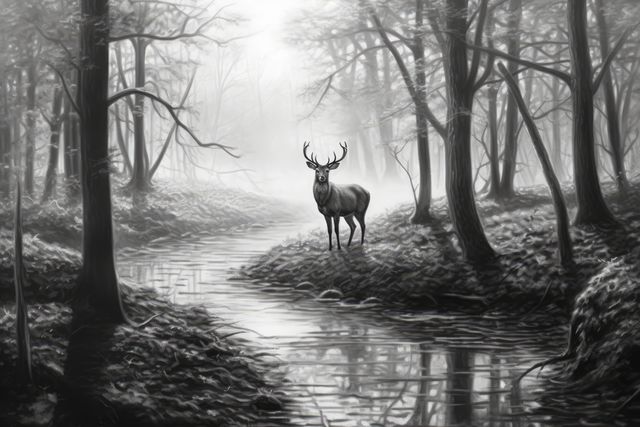 Deer standing by a stream in a foggy forest, creating a serene and mystical atmosphere. Ideal for themes emphasizing tranquility, nature, wildlife conservation, and the beauty of forest landscapes. Suitable for use in blogs, nature-themed magazines, promotional materials for outdoor activities, and wall art.