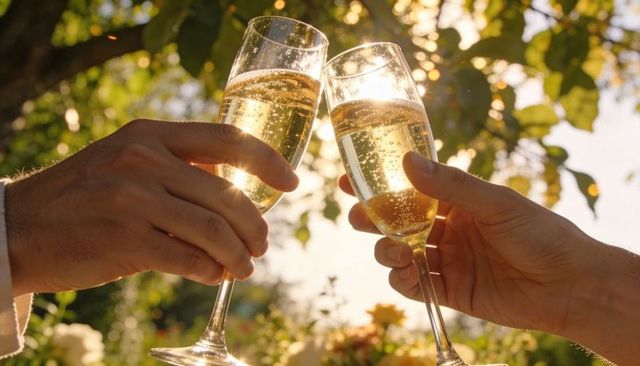 Sunlit champagne toast in garden during golden hour - romantic wedding celebration