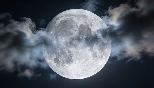 Full Moon Glowing Through Misty Clouds Revealing Detailed Lunar Maria and Craters