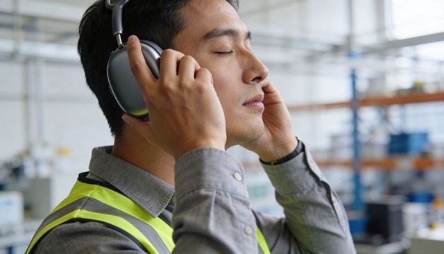 Asian worker wearing hi-vis vest pressing over-ear hearing protectors on factory floor