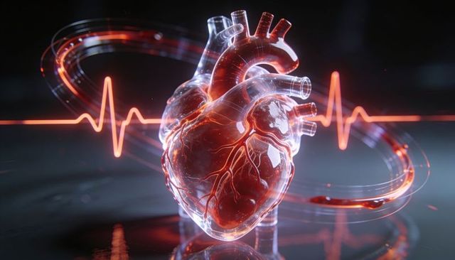 Glowing anatomical heart with neon ecg and orbiting ring showing cardiac activity