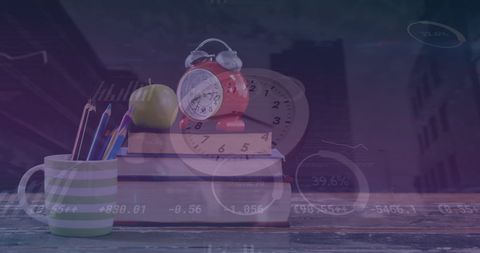 Books, Clock, and Digital Data Overlay Combination - Download Free Stock Images Pikwizard.com