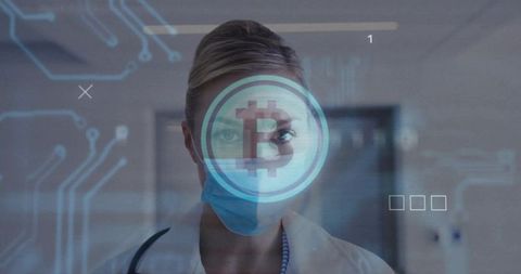 Female doctor merging clinical care with Bitcoin and blockchain technology overlay