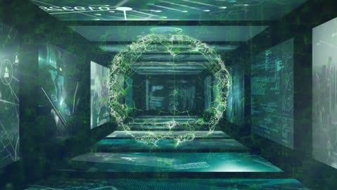 Rotating Brain Animation Amidst High-Tech Data Screens