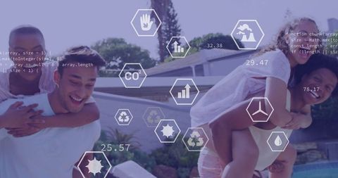 Friends Enjoying Backyard Fun with Eco-Friendly Tech Overlay