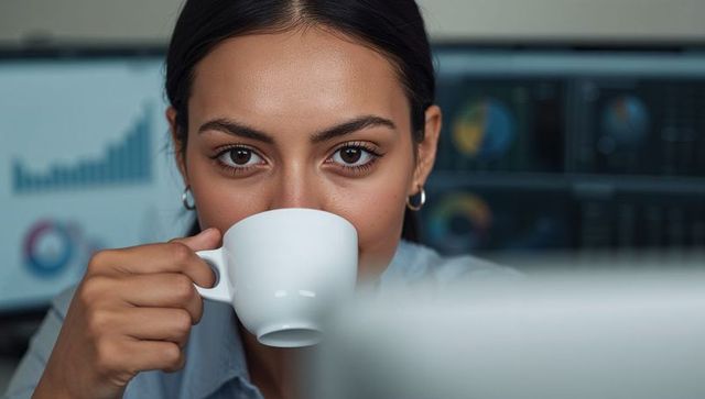 Focused analyst sipping coffee while monitoring multiple dashboards on screens