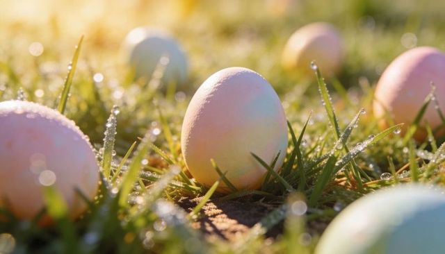 Easter pastel egg resting in dewy grass at golden morning light