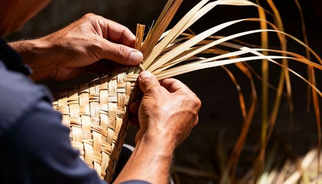 Artisan hands weaving palm leaf basket, tucking strips into braided pattern in sunlight