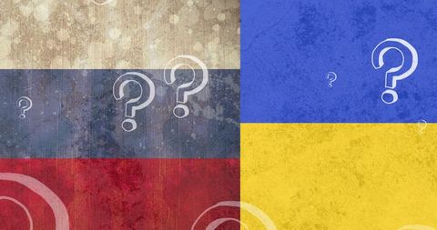 Question marks over russia ukraine flags highlighting crisis