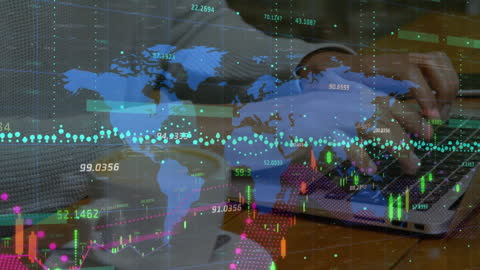 Global Financial Analytics with World Map Overlay on Laptop