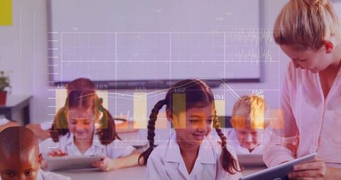 Teacher Guiding Young Students Using Tablets with Data Visualizations for Digital Learning