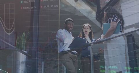 Financial Data Overlaid on Diverse Professionals in Modern Office - Download Free Stock Images Pikwizard.com