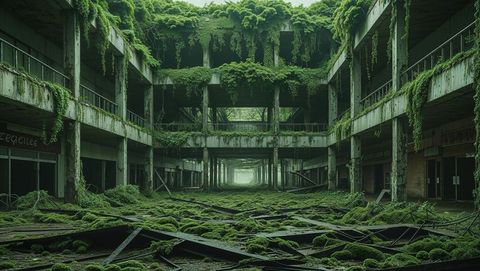 Abandoned shopping mall dominated by nature's overgrowth after the apocalypse
