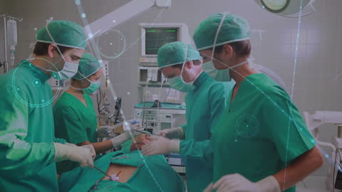 Team of Surgeons Performing Medical Operation with Technological Interface Overlay