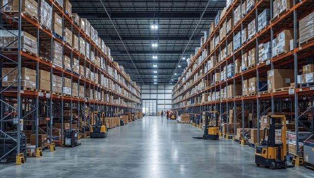 Warehouse team inspecting inventory in wide aisle between high pallet racks and forklifts