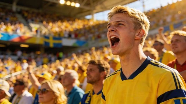 Young swedish football fan shouting at live match wearing yellow blue jersey and scarf