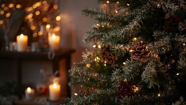 Frosted christmas tree branch with pinecones, twinkling lights and cozy candlelight