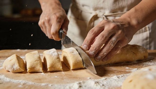 Baker slicing dough log on wooden board with chef knife and dusting flour, closeup