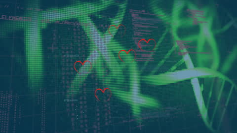 Digital DNA Strand with Code Overlay and Heart Symbols