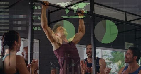 Man Performing Pull-Up at Gym with Graphics Overlay for Fitness Analytics