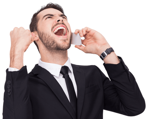 Transparent Joyful Businessman Celebrating Success on Phone
