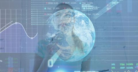 Futuristic analyst examining global financial data analytics